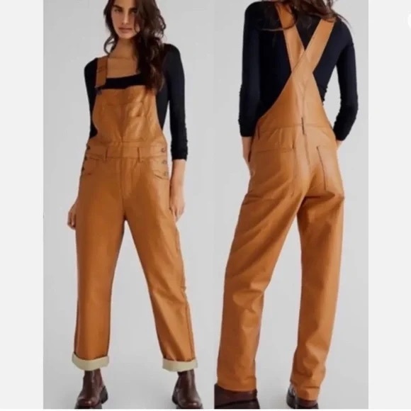 Free People Ziggy Vegan Faux Leather Camel Brown Overalls - Picture 6 of 6